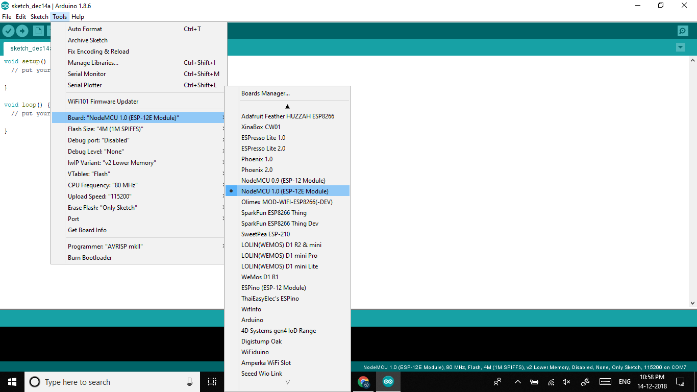 Selection of NodeMCU as board in Arduino IDE